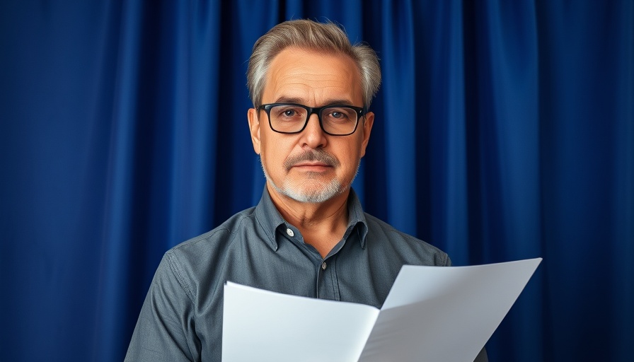 Mature man in formal attire holding papers, blue curtain backdrop.