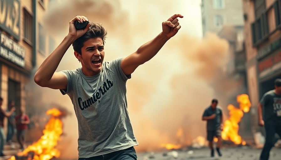 Protester throws object in smoky Indonesian street protest with fire.