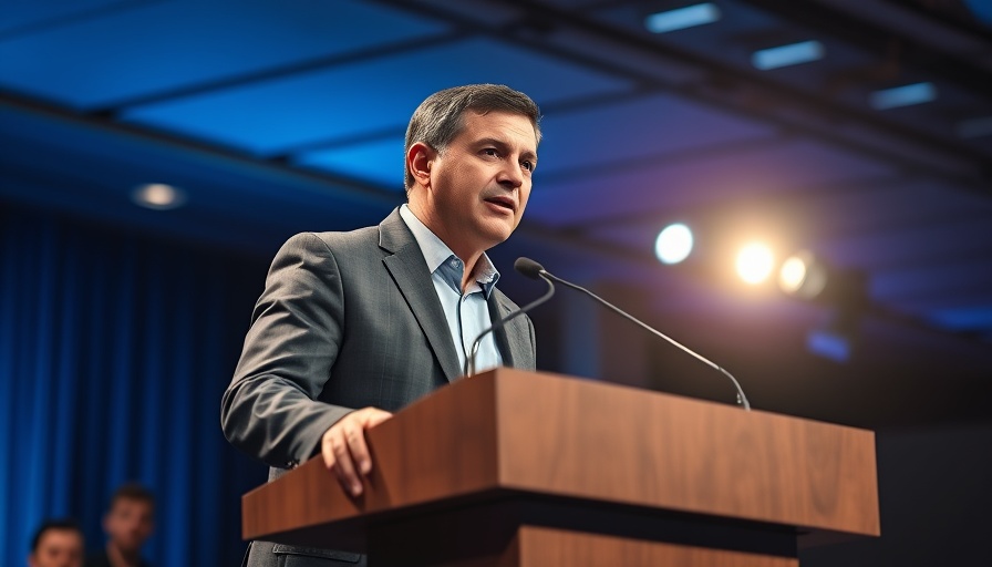 Confident speaker at a blue-themed podium event
