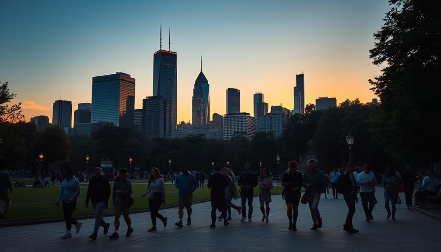 City skyline at sunset with people in park representing investment in private credit funds.