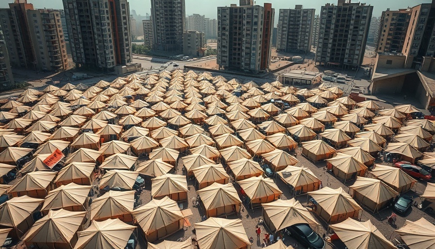 Aerial view of tents in Gaza with damaged buildings, illustrating hardship.
