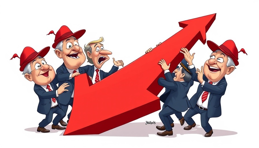 Satirical cartoon of politicians reaching for a red arrow, symbolizing threat to US democracy.