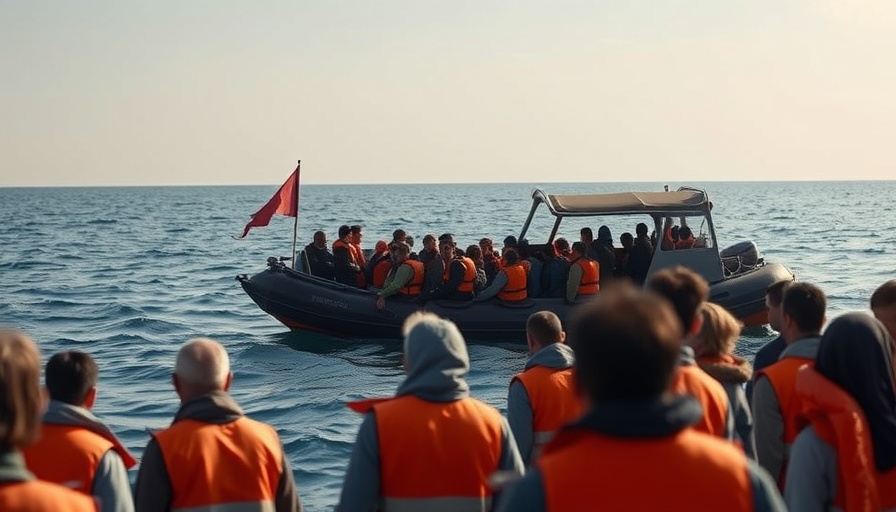 Asylum seekers on a boat observed by people in the water.