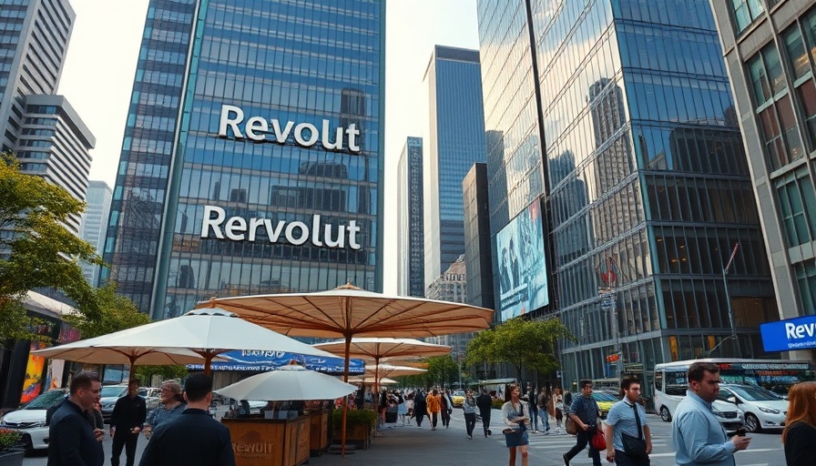 Modern cityscape with Revolut building, vibrant colors, afternoon light.