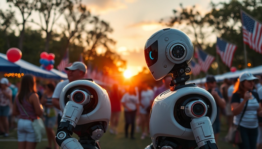 AI-powered robot at Labor Day celebration in a festive park.