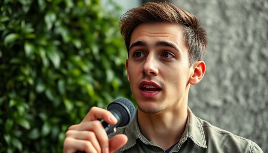 Engaged young man speaking with vibrant event environment.