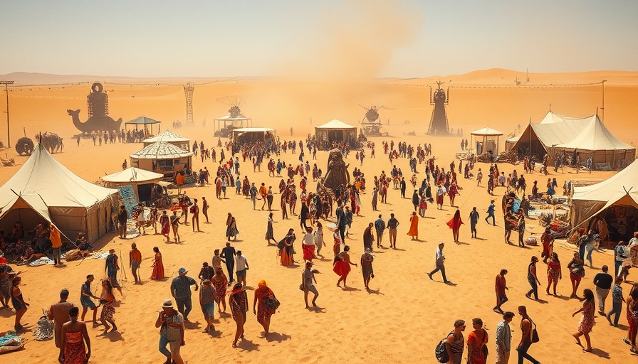 Creative desert festival scene with installations and crowd.