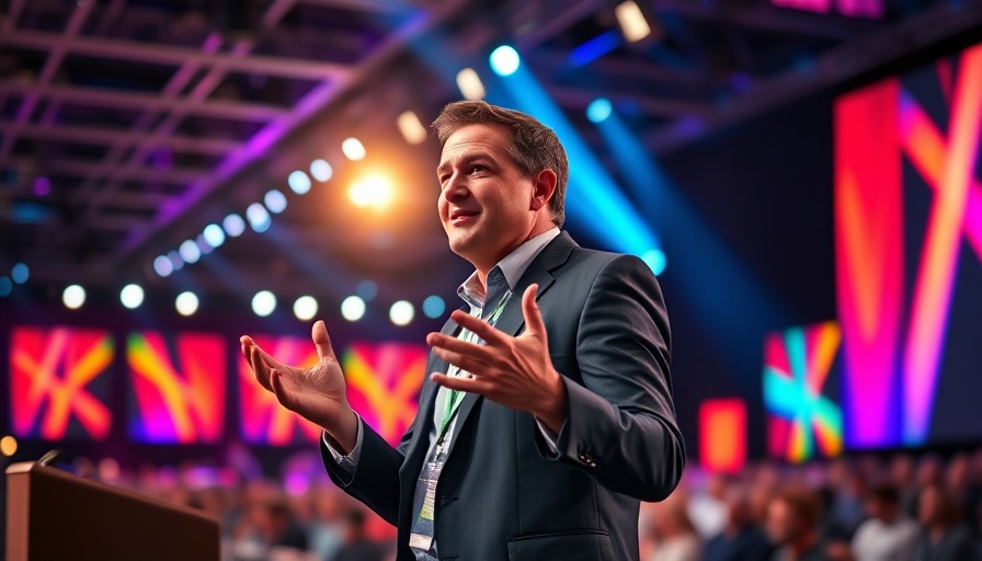 Speaker animatedly discussing at a tech conference, vibrant backdrop.