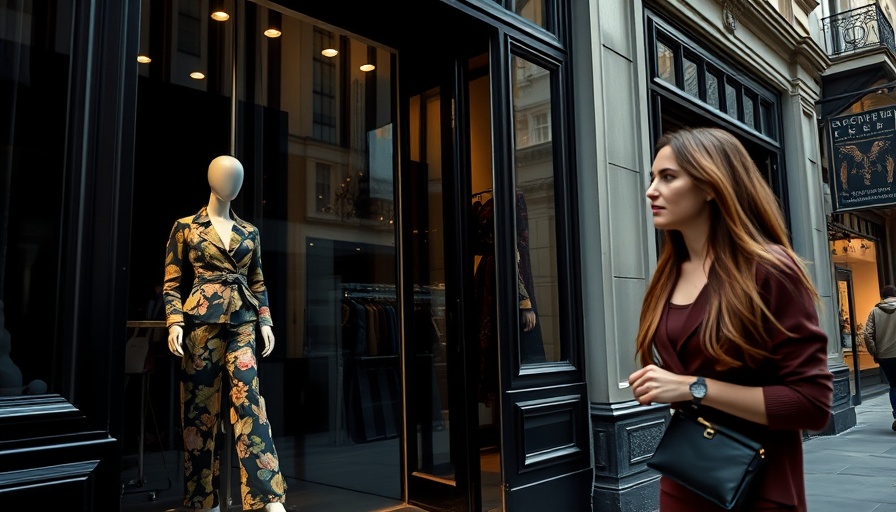 Fashion store window with mannequin and woman, fast fashion emissions.