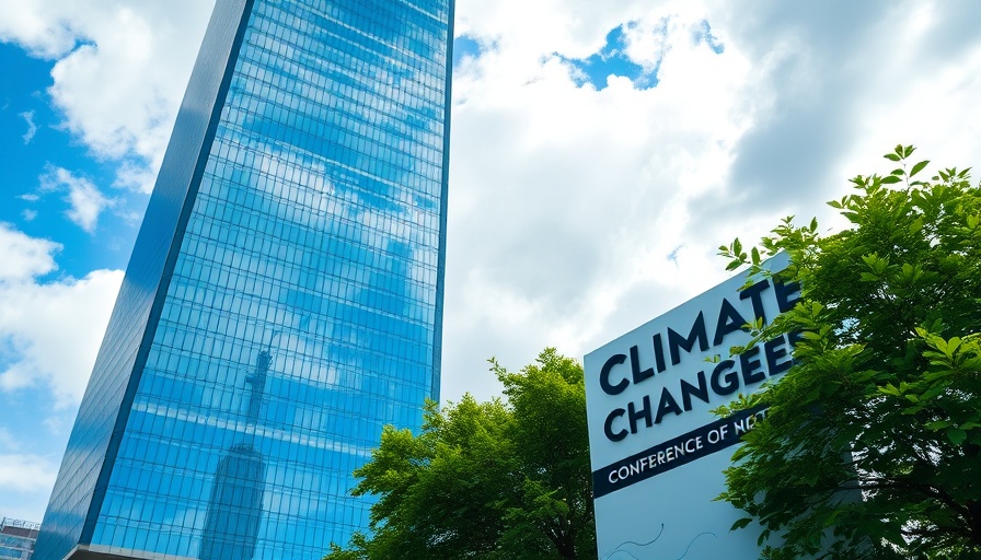 Urban climate change sign near modern skyscraper, green foliage.