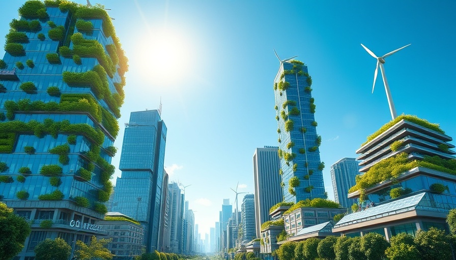 Abstract cityscape with solar panels and turbines, GenZero climate goals