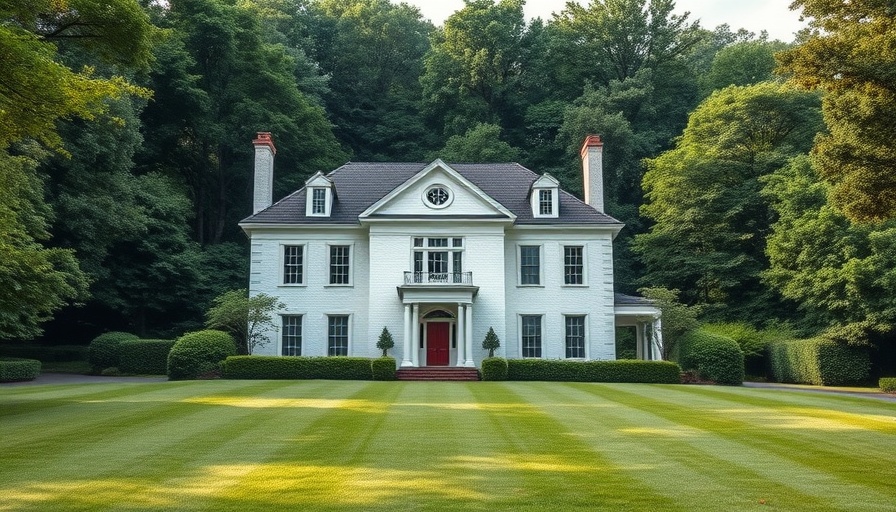 Elegant white house for sale with lush greenery backdrop.