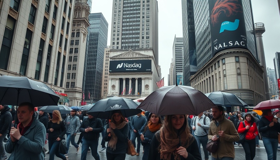 Overcast city street with Nasdaq sign impacting Bay Area stocks.
