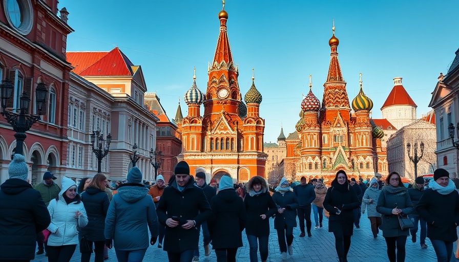 Americans in winter clothing walking through Red Square, Moscow.