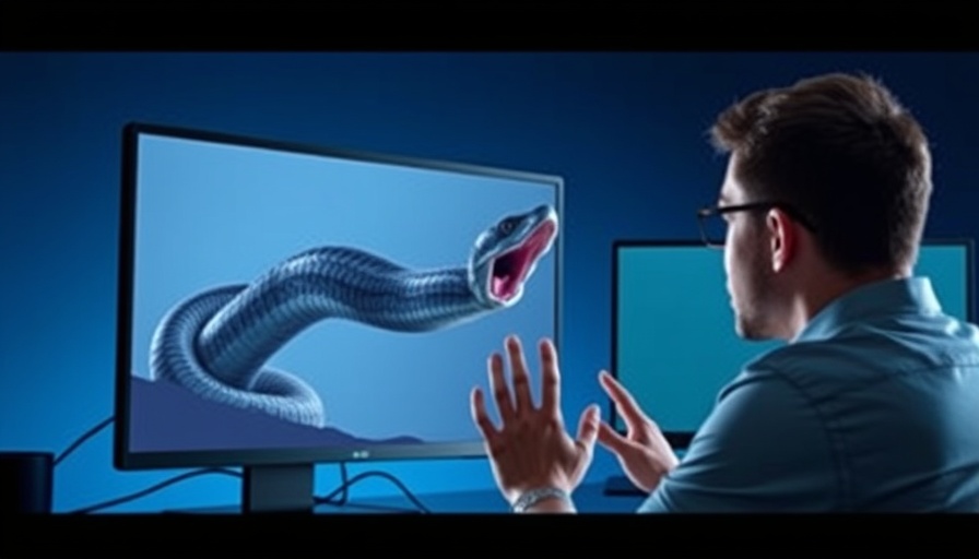 Digital illustration of a person startled by a snake emerging from a computer, symbolizing business optimization challenges.