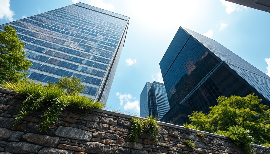 Iconic skyscrapers with stone wall foreground symbolize urban growth and success.