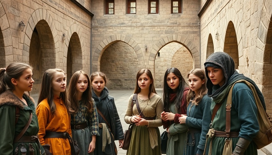 Medieval students with teacher exploring stone courtyard.
