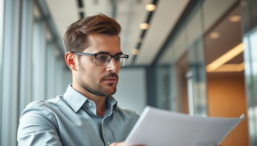 Professional man reviewing documents in modern office environment.