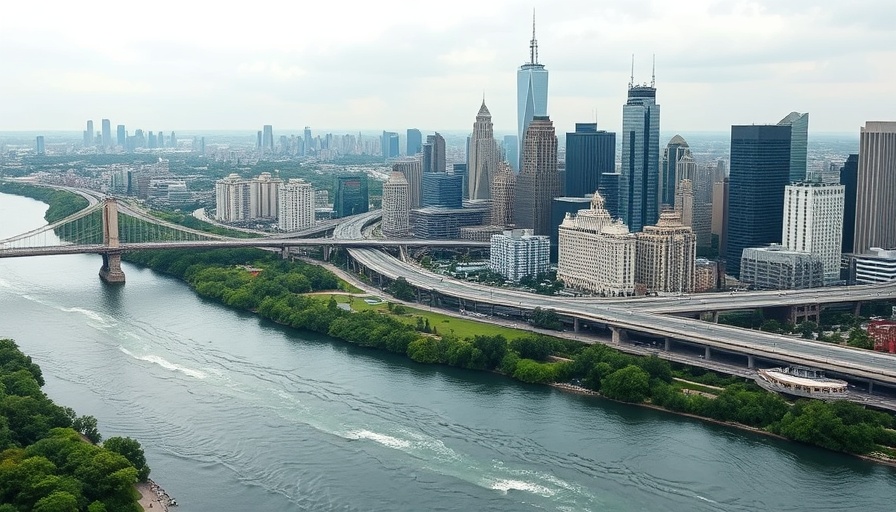 Modern Chinese city with river and bridges representing China's water management practices.