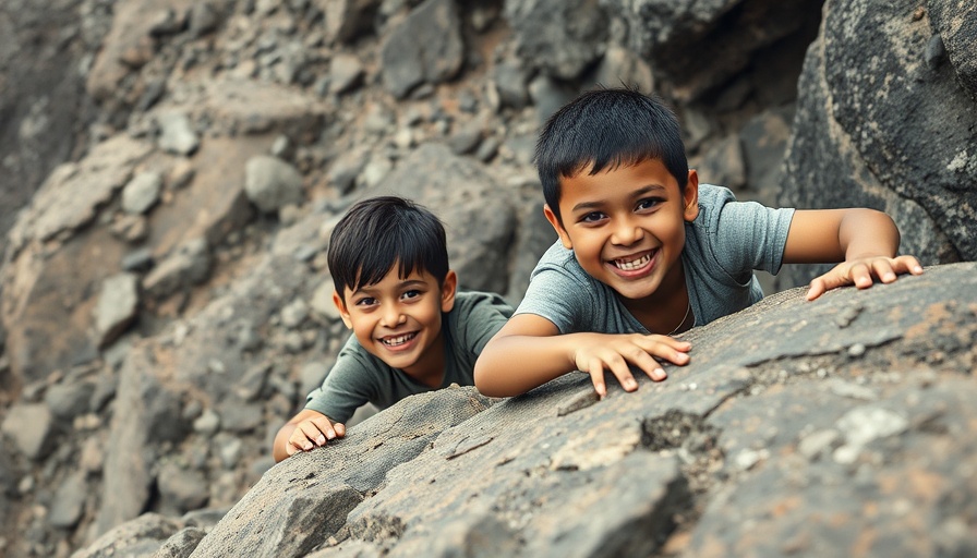 Boys climbing rocks near a sustainable nickel mining site.
