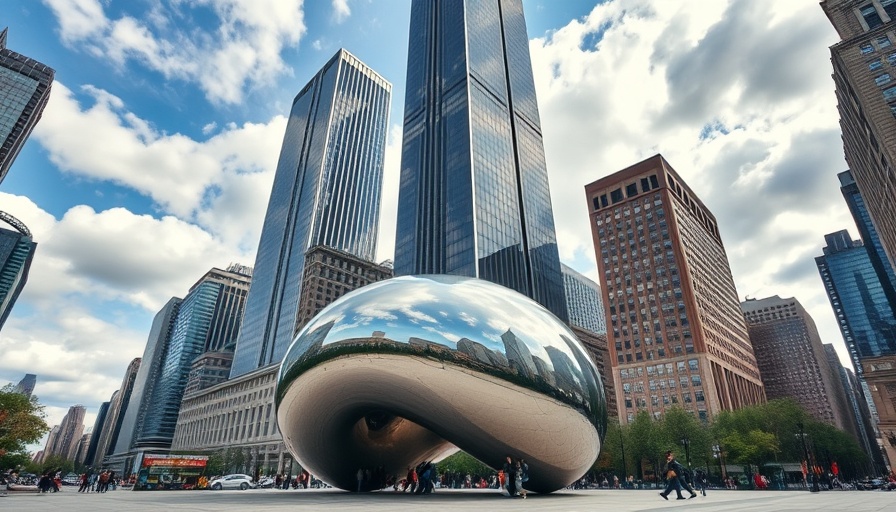 Iconic sculpture and skyscrapers, vibrant city view, homes for sale.