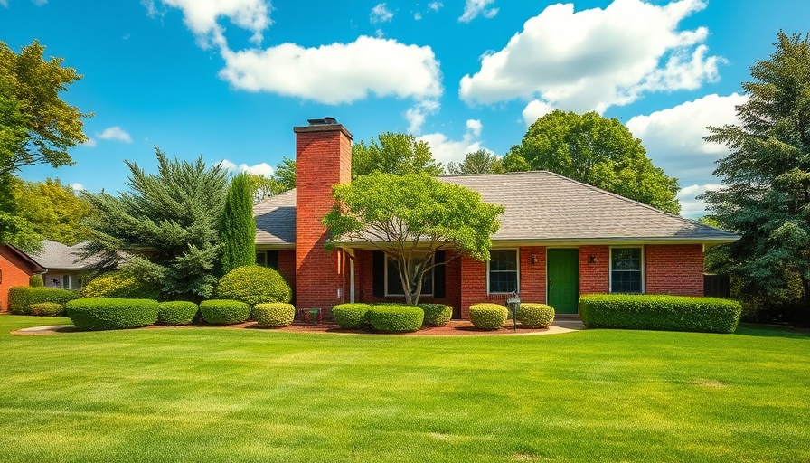 Suburban brick home with chimney and lush lawn.