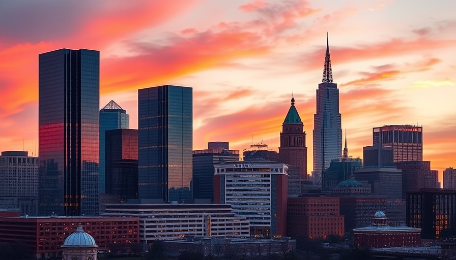 Cleveland skyline at dusk with modern buildings, perfect for real estate listings.