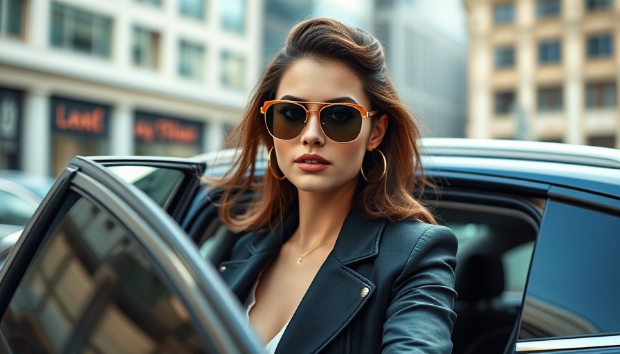 Stylish woman exiting car confidently in urban setting.