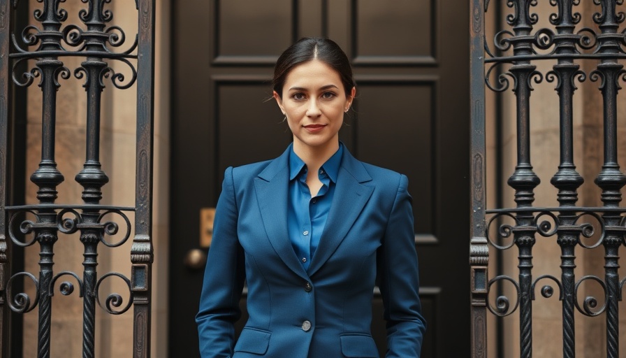 Business impact discussion: Woman in blue suit behind gates.