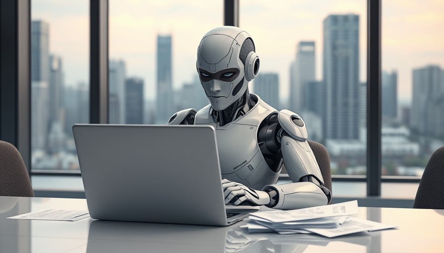 AI-driven job displacement illustrated by a robot working at a desk.