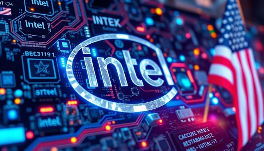 Abstract digital art of U.S. government stake in Intel, circuit boards, American flags.