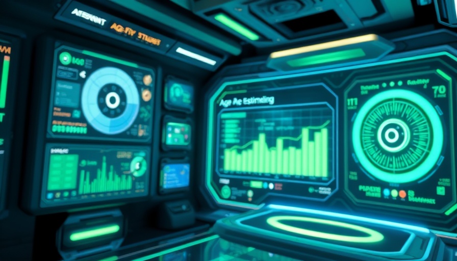 Futuristic interface displaying age-estimation technology in a virtual setting.