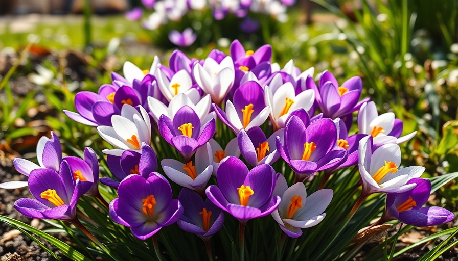 Vibrant cluster of blooming crocus flowers in garden sunlight.