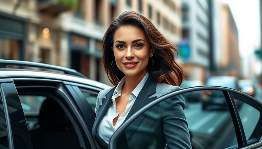 Confident woman exiting car, business setting, real estate investment advice.