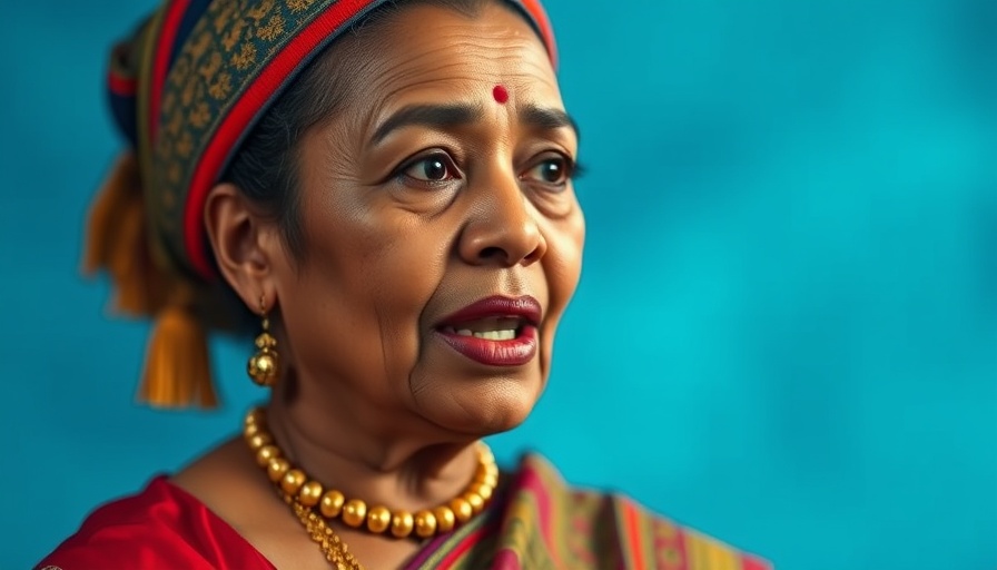 Distinguished woman speaks on global trade challenges, vibrant attire.