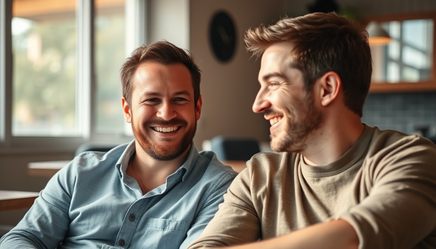 Two men smiling indoors during discussion, warm lighting.