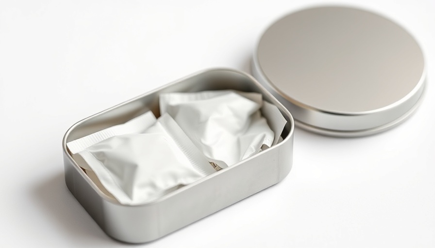 Modern nicotine pouch tin open with pouches inside, startup product.