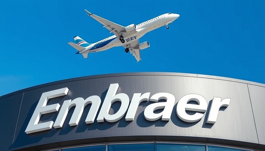 Embraer sign with airplane above, reflecting modern aviation excellence.