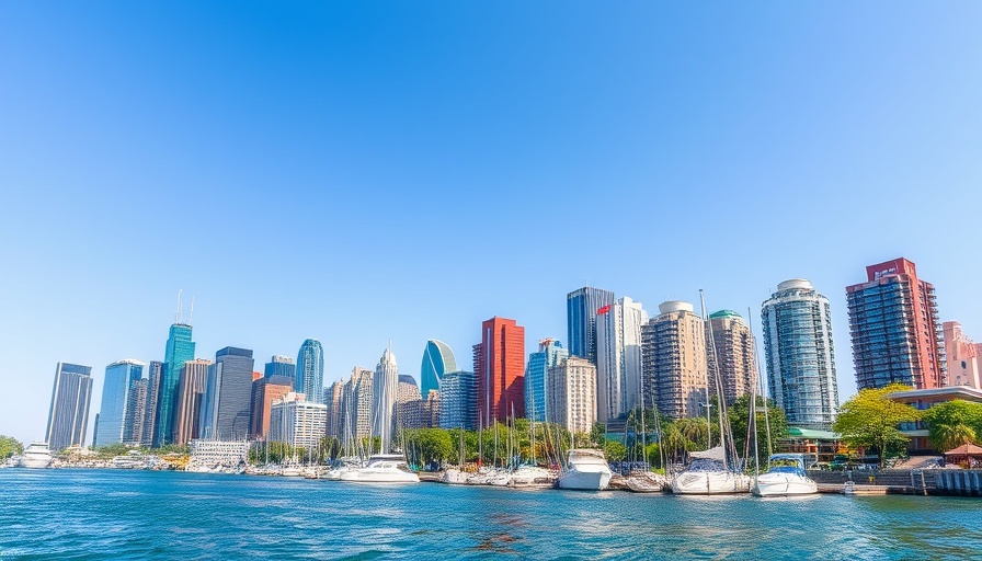 Urban skyline with marina and greenery, homes for sale nearby.