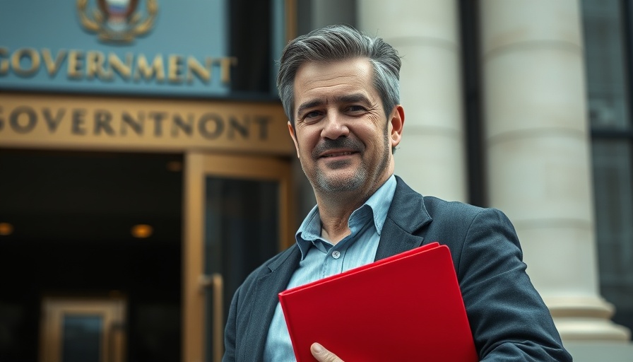UK political leadership changes: Man with red binder outside building.