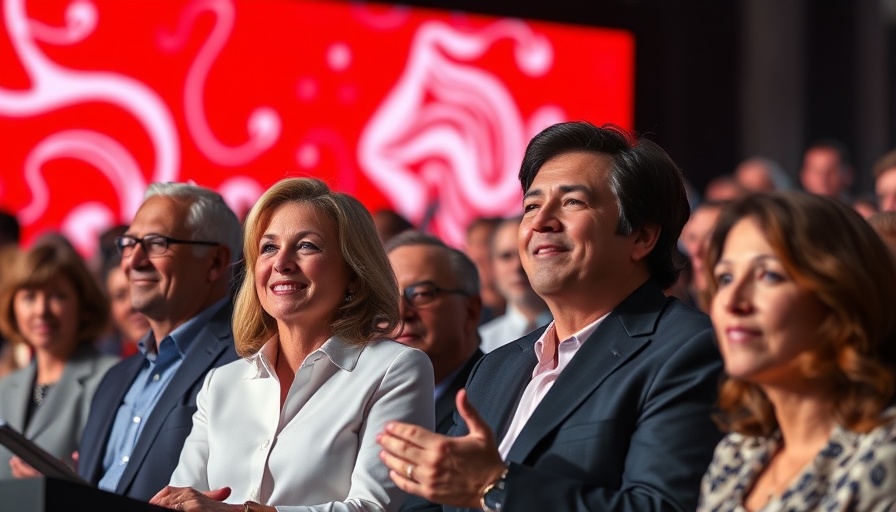 Leaders at a political event, engaging audience.