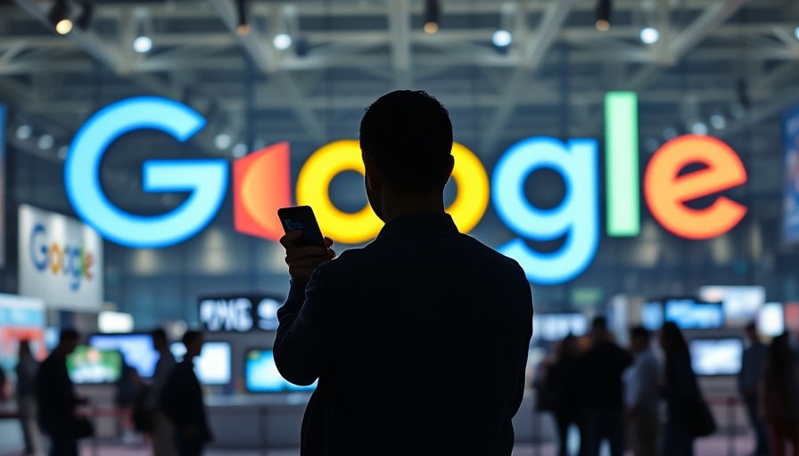Silhouette with smartphone against Google logo at tech event.