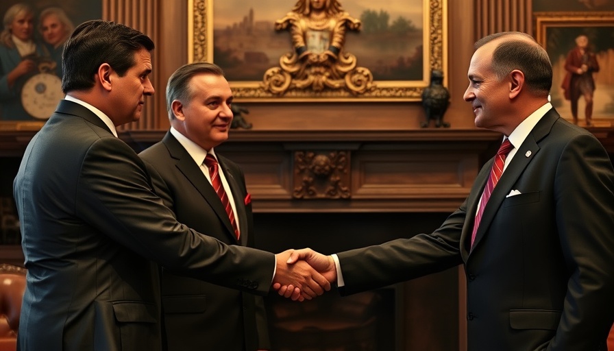Formal handshake between two men in a lavish room reflecting a U.S. Japan Trade Deal context.