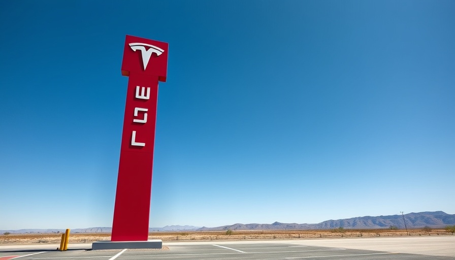 Tall red Tesla sign under a clear blue sky.