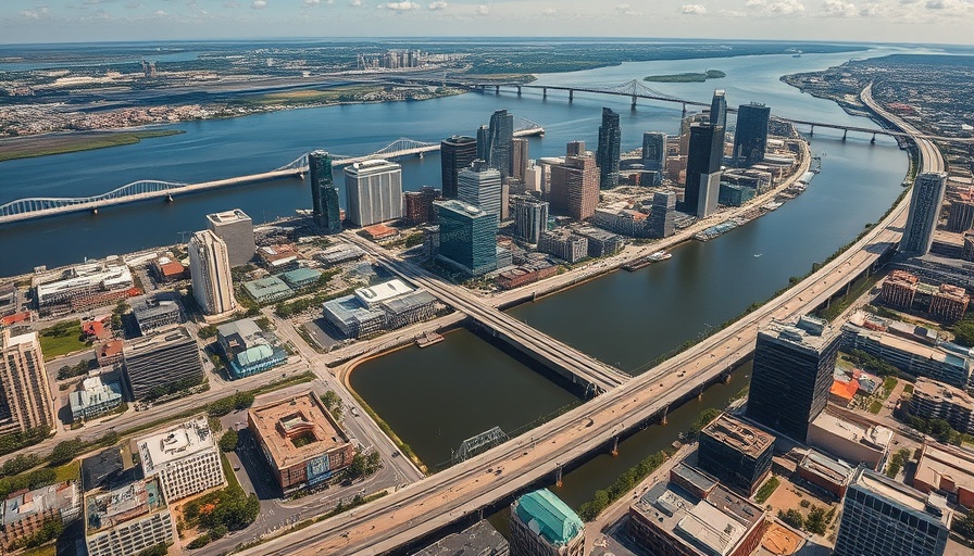 Aerial view of Jacksonville skyline and river, vibrant cityscape
