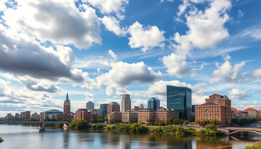 Providence skyline with river under a vibrant sky, modern homes for sale.