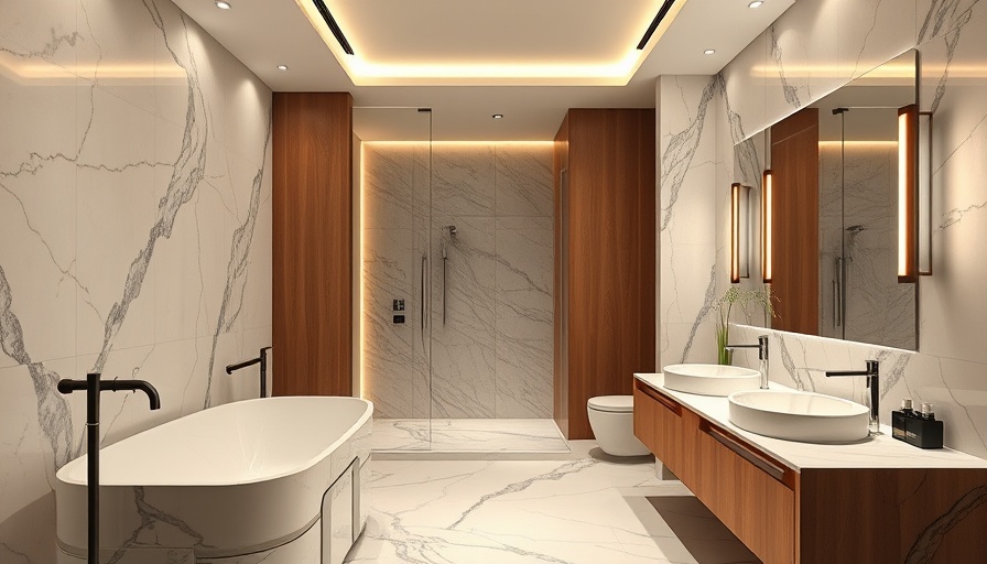 Luxurious modern bathroom interior design with marble and wood accents.