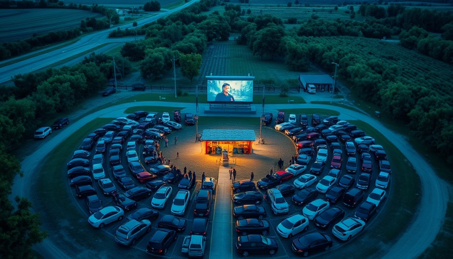 Aerial view of busy drive-in theater with cars parked in rows, illuminated concession stand.