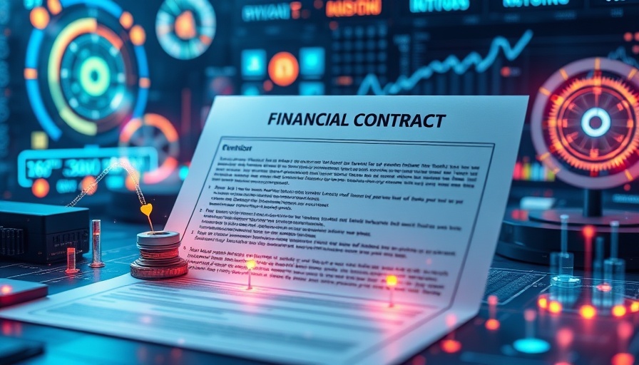 Futuristic digital financial contract with abstract symbols and charts.