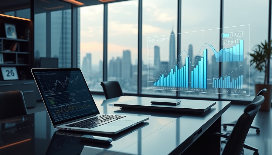 Futuristic office scene with laptop showing financial charts, related to Elon Musk pay package governance.